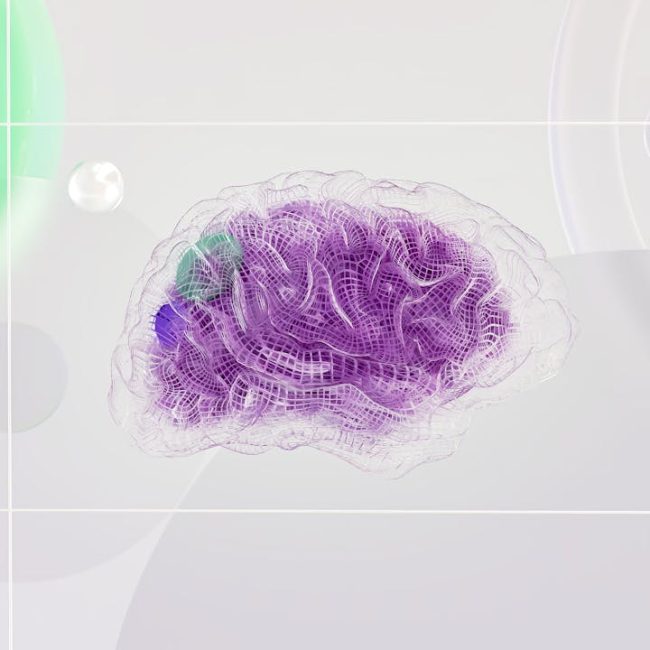 3D rendered abstract design featuring a digital brain visual with vibrant colors.
