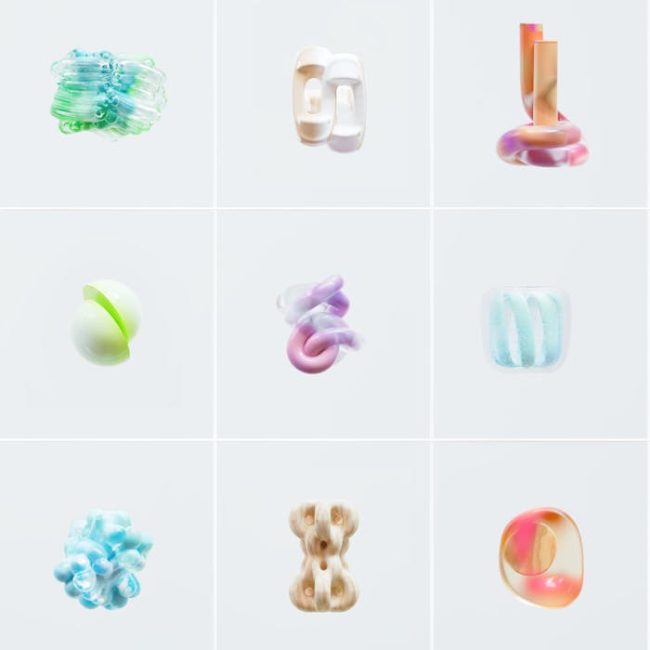 A collection of colorful, abstract 3D shapes arranged in a grid on a white background.